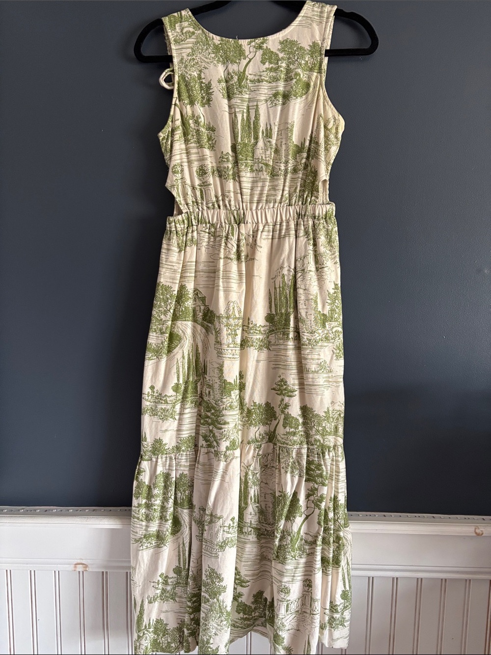 Sincerely Jules Cream Maxi Dress with Green Scenic Print